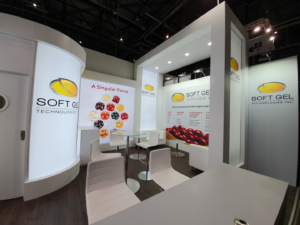🥇 Custom exhibition stand for SoftGel_Technologies_Inc_at_Vitafoods_Geneva, produced by ProjeKta stand builders with innovative branding and structure.