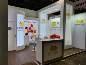 🥇 Custom exhibition stand for SoftGel_Technologies_Inc_at_Vitafoods_Geneva, produced by ProjeKta stand builders with innovative branding and structure.
